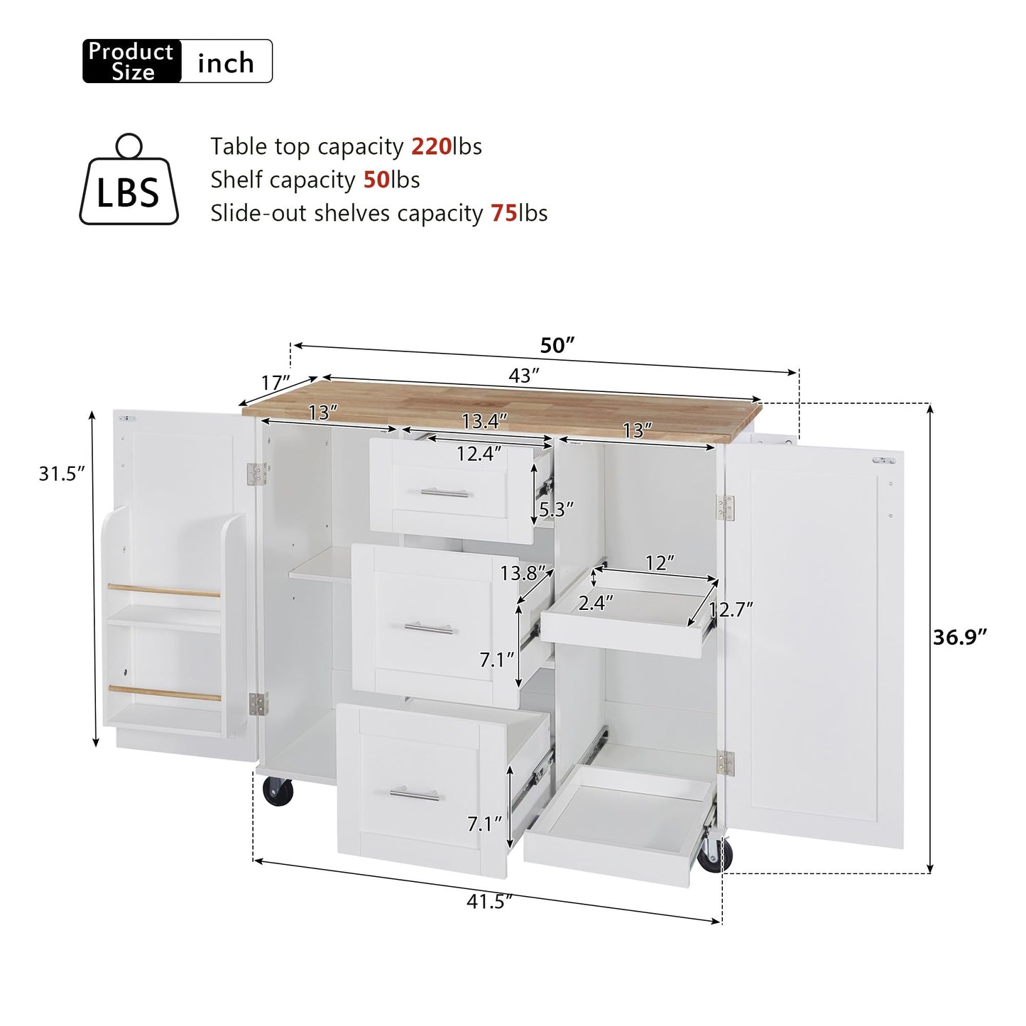 Rolling Kitchen Island with Storage, Kitchen Island on Wheels with Spice Rack & Tower Rack, Kitchen Cart with Rubber Wood Top, 3 Drawer, 2 Slide-Out Shelf and Internal Storage Rack, (White-50)