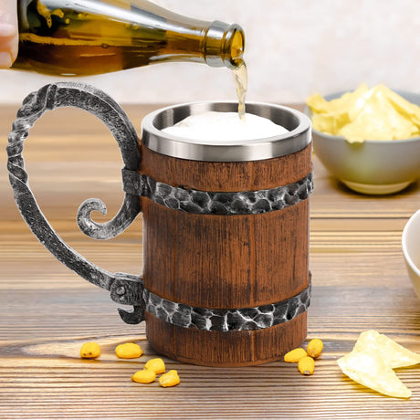 Yopay Wooden Barrel Beer Mug, Double Wall Stainless Steel Vintage Beer Cup, Handmade Medieval Cocktail Wooden Stein Drinkware with Handle, Antique Bucket Mug for Men Coffee Beverage Juice, 19OZ Yopay