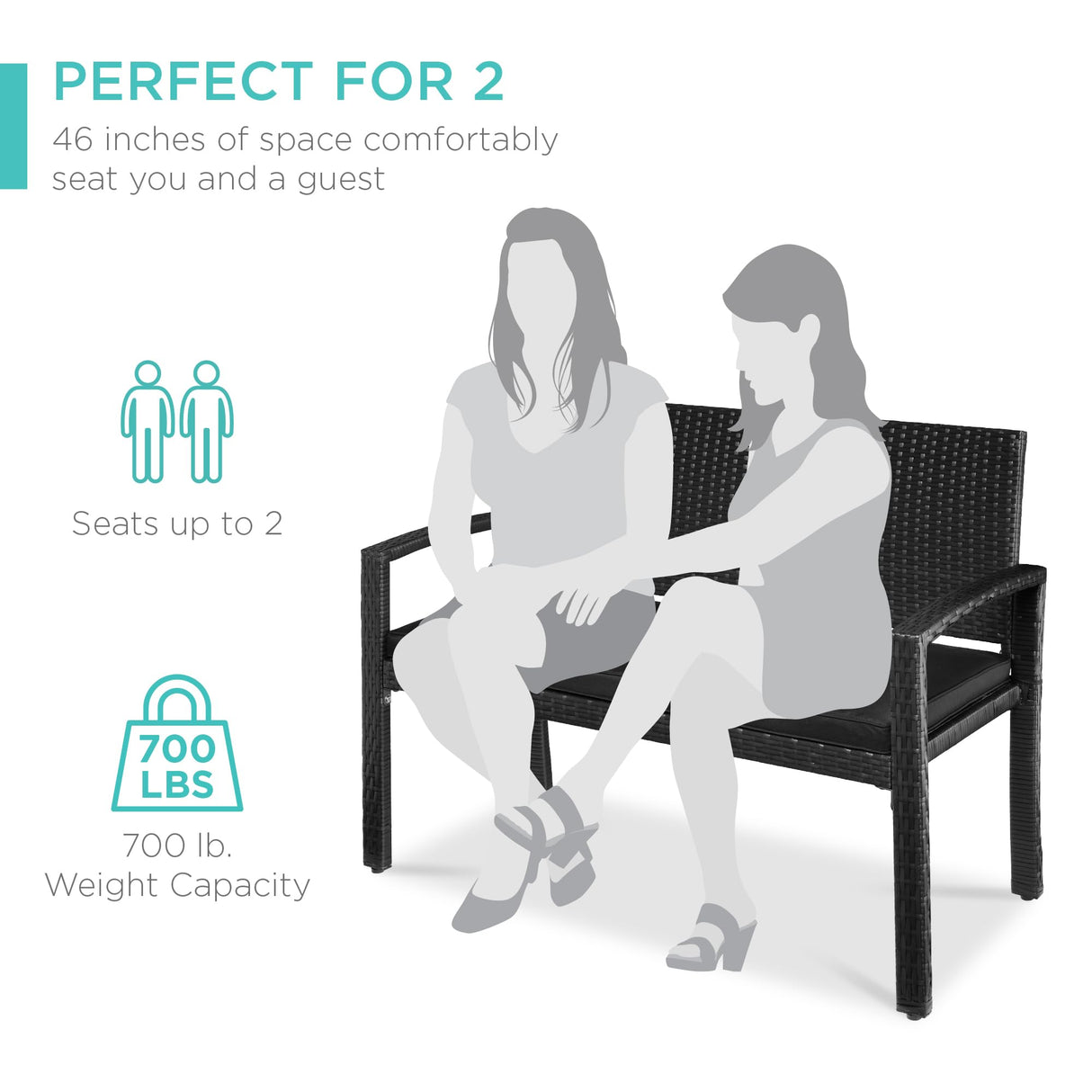 Best Choice Products Outdoor Bench 2-Person Wicker Garden Patio Benches Seating Furniture for Backyard, Porch w/Seat Cushion, 700lb Capacity - Black/Black Best Choice Products