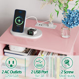 Aenuert Night Stand with Charging Station, Pink Kids Nightstand with Drawer, 2-Tier Nursery Bedside Table with USB Ports and Outlets, End Table for Small Space, Living Room, Bedroom Aenuert