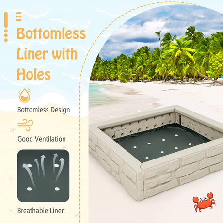 HONEY JOY Sandbox with Cover, 47x47 Inch Square Sand Pit for Backyard, Bottom Drainage Oxford Liner, HDPE Playful All Weather Resistant Sand Boxes for Kids Outdoor with Lid (White) HONEY JOY