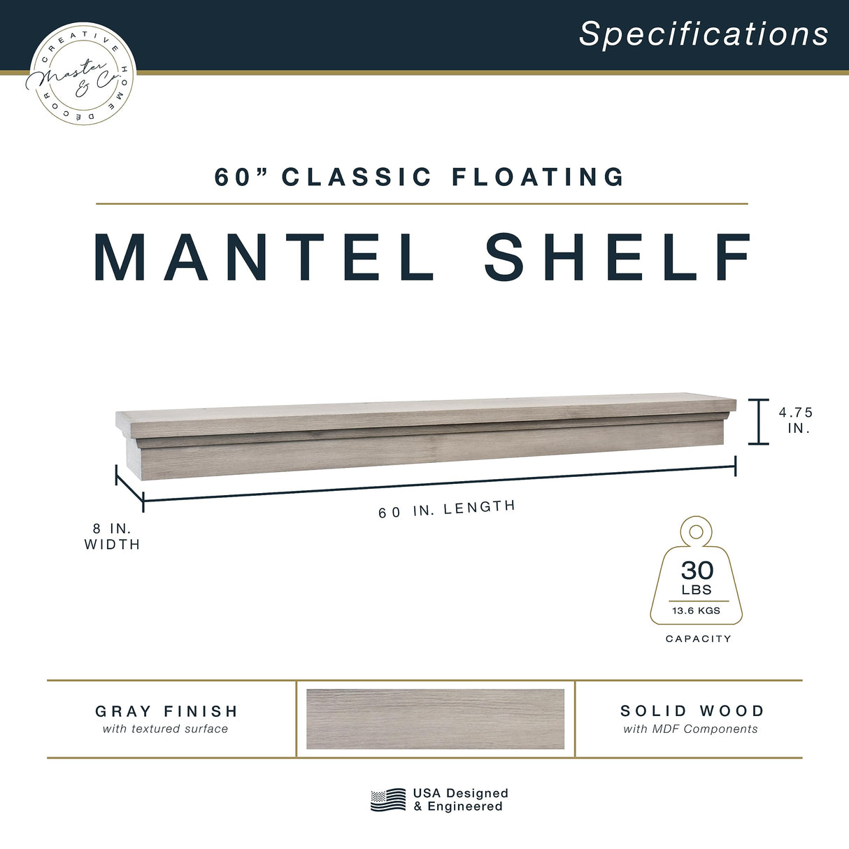 MCS 60-Inch Mantel, Master & Co Gray Woodgrain Finish Solid Wood Floating Fireplace Mantel, Long Floating Shelf for Livingroom with Wood Cleat Hanging System, Photo and Home Decor Display Shelf MCS