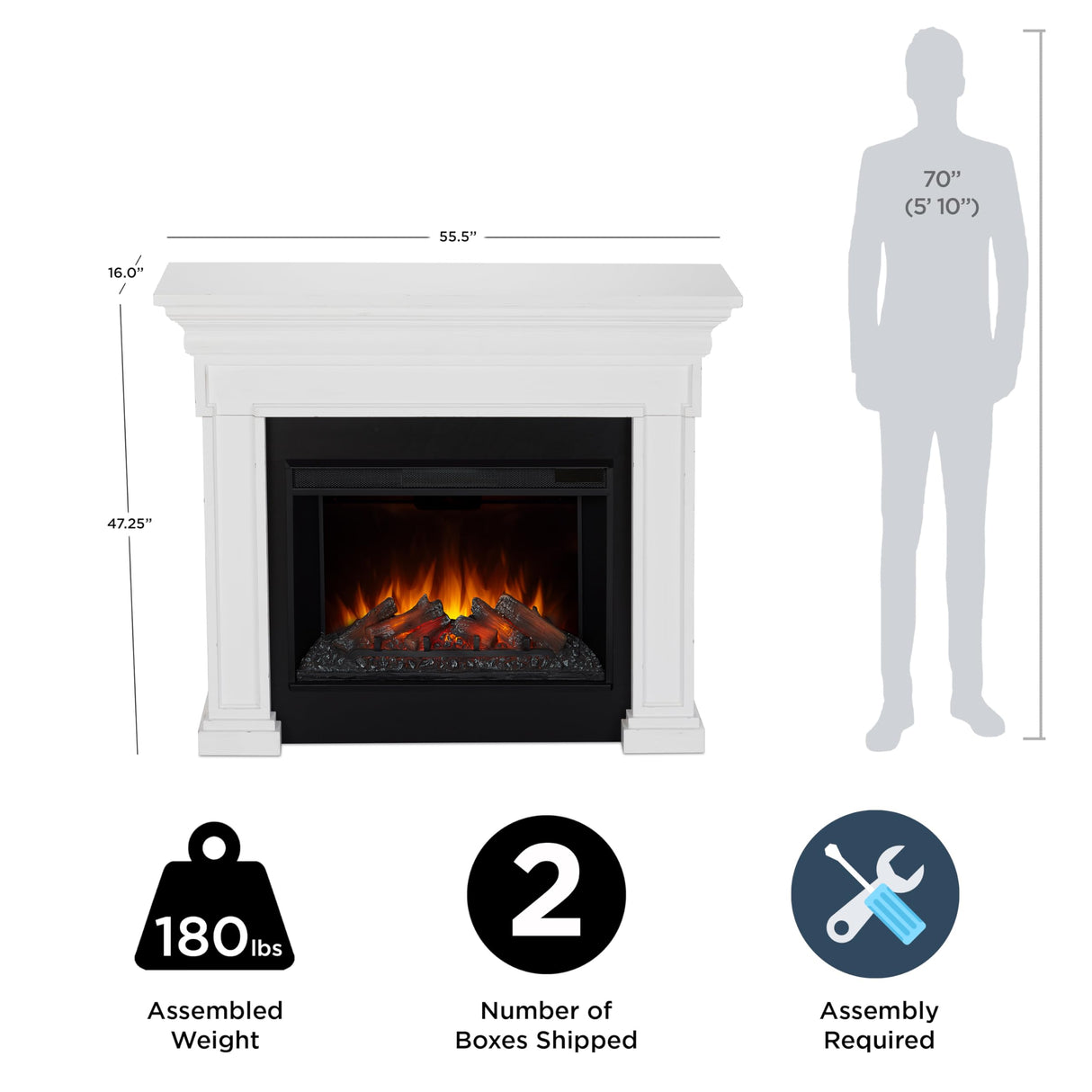 Real Flame Emerson 56" Grande Electric Fireplace with Mantel for Living Room or Bedroom, Replaceable Fireplace Insert Heater, Realistic Log and Flame Effect, Remote Control, Timer, White Real Flame