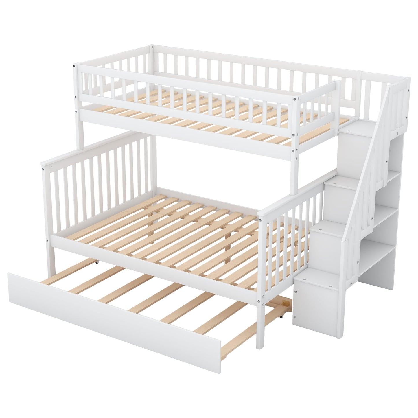 Harper & Bright Designs Twin Over Full Bunk Beds with Twin Size Trundle & Stairway, Solid Wood Bunk Bed Twin Over Full Size with Storage and Guard Rail for Bedroom, Dorm, Kids, Teens,Adults,White