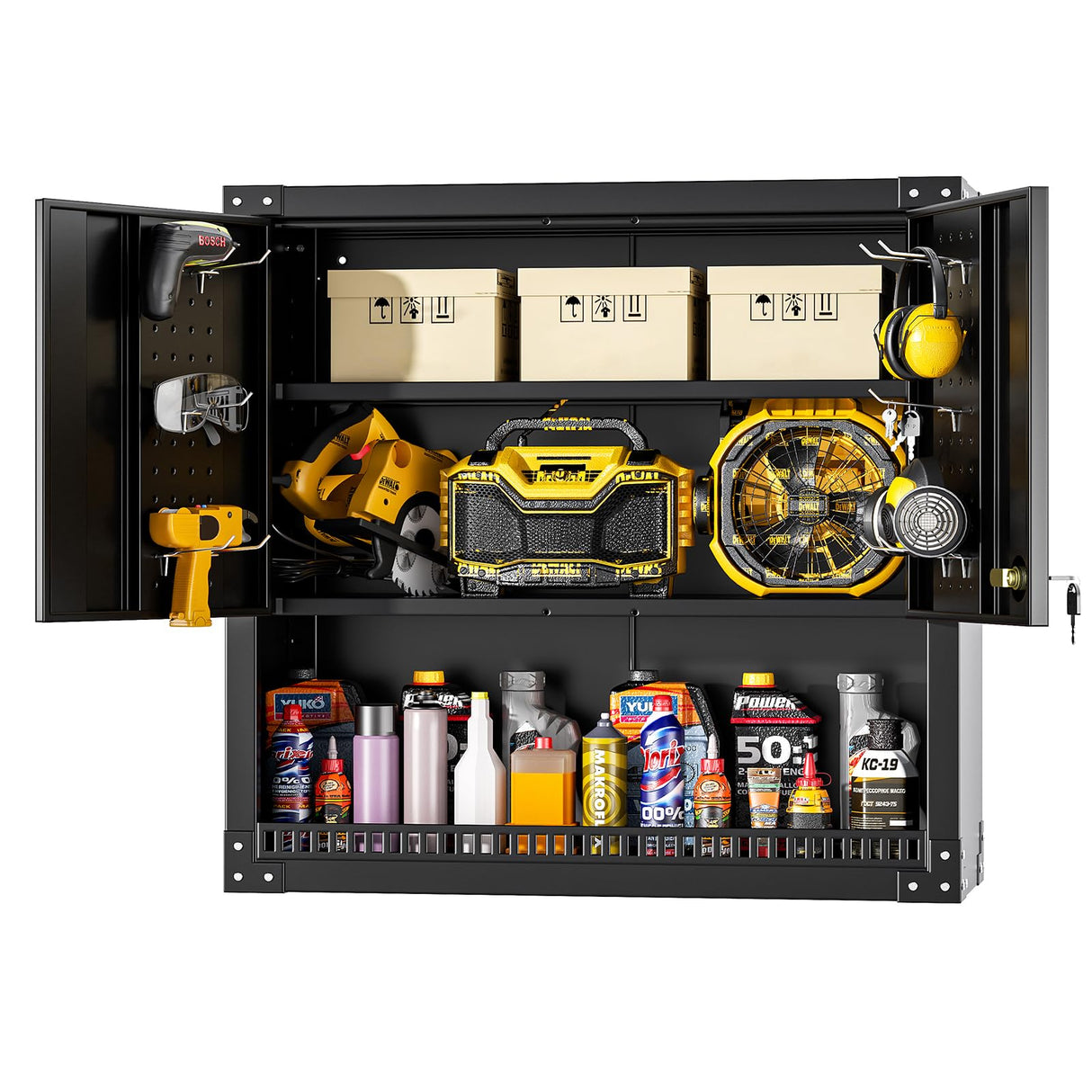 Greenvelly Metal Wall Cabinet with Locking Door, Black Wall Mounted Metal Storage Cabinet with Pegboard and Adjustable Shelf, Steel Tool Cabinet for Garage, Basement, Kitchen, Warehouse Greenvelly