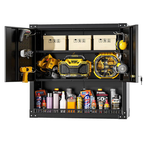 Greenvelly Metal Wall Cabinet with Locking Door, Black Wall Mounted Metal Storage Cabinet with Pegboard and Adjustable Shelf, Steel Tool Cabinet for Garage, Basement, Kitchen, Warehouse Greenvelly
