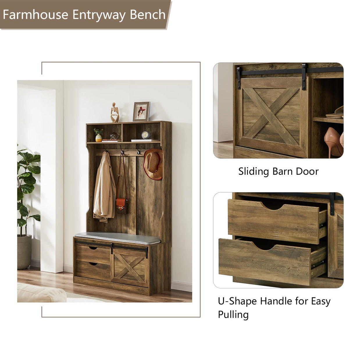 Betoko 71 Inch Entryway Bench with Sliding Barn Door, Farmhouse Hall Tree with Coat Rack and Storage Bench, Wood Coat Tree with Cushioned Stool and Hooks for Hallway, Living Room, Mudroom (Oak) Betoko