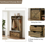 Betoko 71 Inch Entryway Bench with Sliding Barn Door, Farmhouse Hall Tree with Coat Rack and Storage Bench, Wood Coat Tree with Cushioned Stool and Hooks for Hallway, Living Room, Mudroom (Oak) Betoko