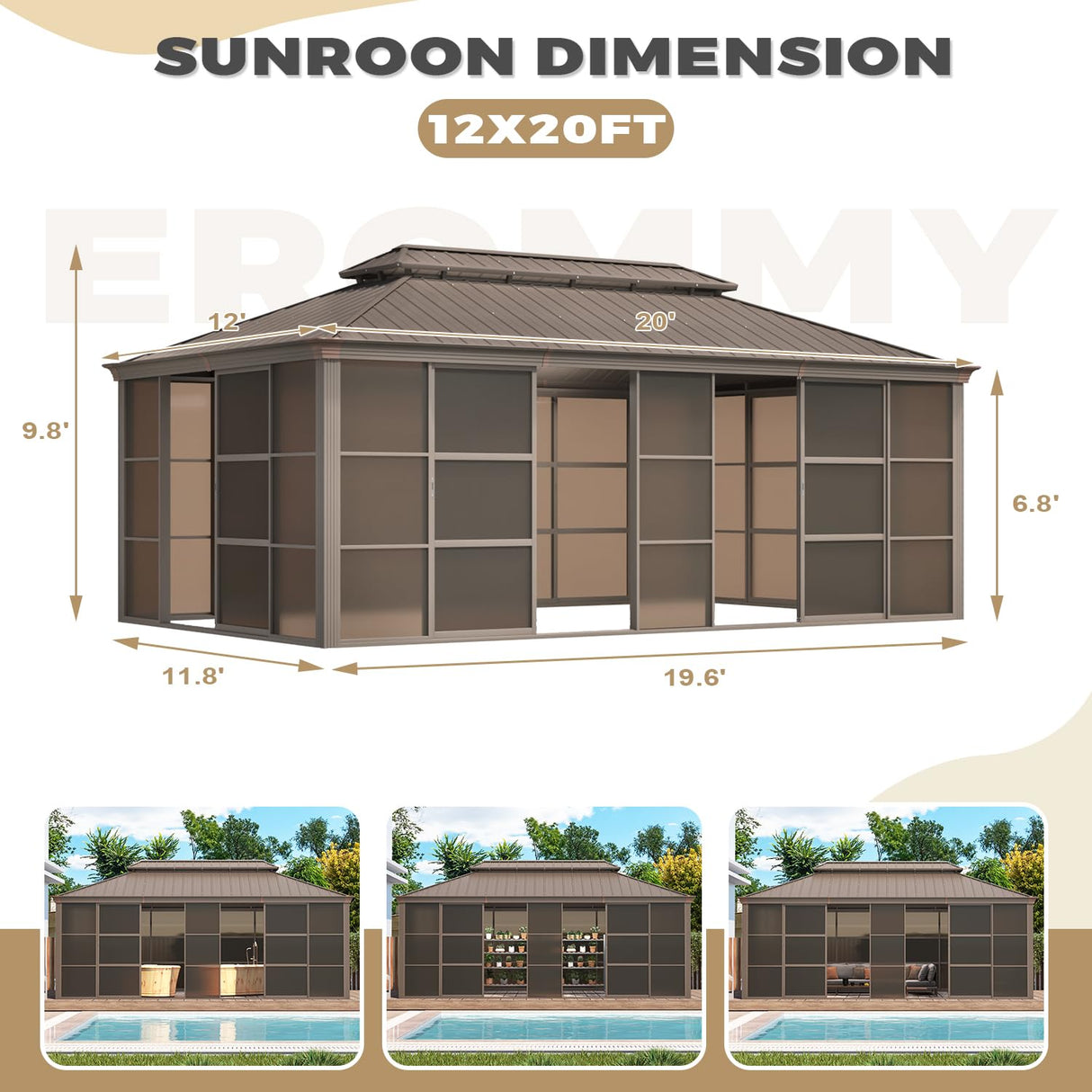 EROMMY 12' x 20' Sunroom, All-Season Gazebo Solarium with Galvanized Steel Roof, Aluminum Frame, Outdoor Permanent Sun Room with Sliding Doors EROMMY