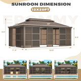 EROMMY 12' x 20' Sunroom, All-Season Gazebo Solarium with Galvanized Steel Roof, Aluminum Frame, Outdoor Permanent Sun Room with Sliding Doors EROMMY