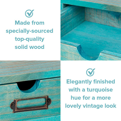 Turquoise 5-Tier Drawer Desktop Curio Cabinet - French Farmhouse Country Desk Organizer Box - Wooden Stackable Shelves - Teal Countertop Shelf w/Label Holder - 5-Level File Drawer Unit