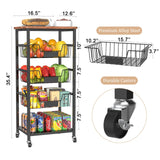 Hastatii Kitchen Storage Cart, 5-Tier Utility Organizer with Baskets and Wood Top, Rolling Snack Cart with Wheels, Metal Black Hastatii