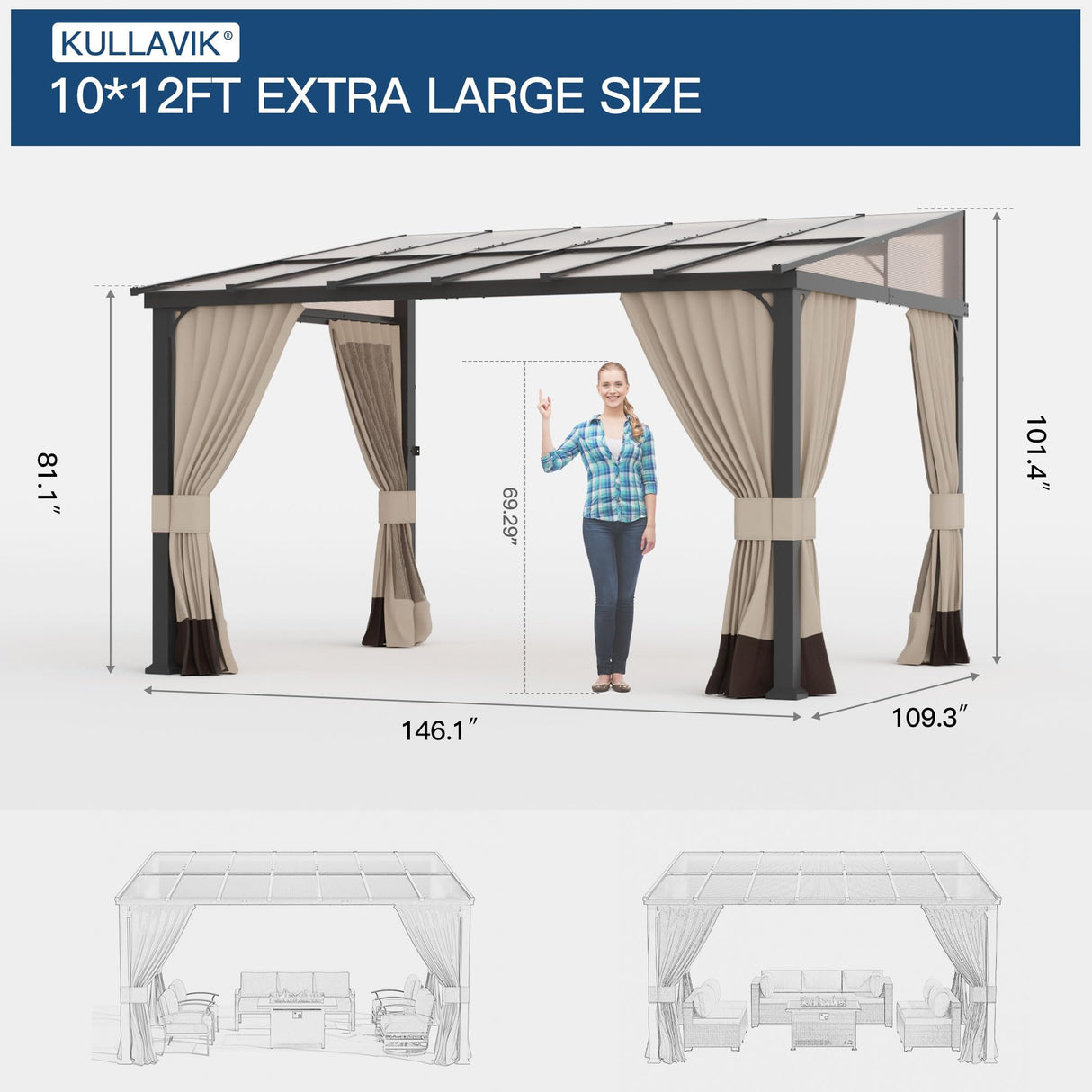 Kullavik 10' × 12' Hardtop Gazebo for Patio,Wall-Mounted Lean to Gazebo Pergola with Sloping Roof and Durable Aluminum Frame,Large Heavy Duty Awnings for Decks,Backyard,Sand Kullavik