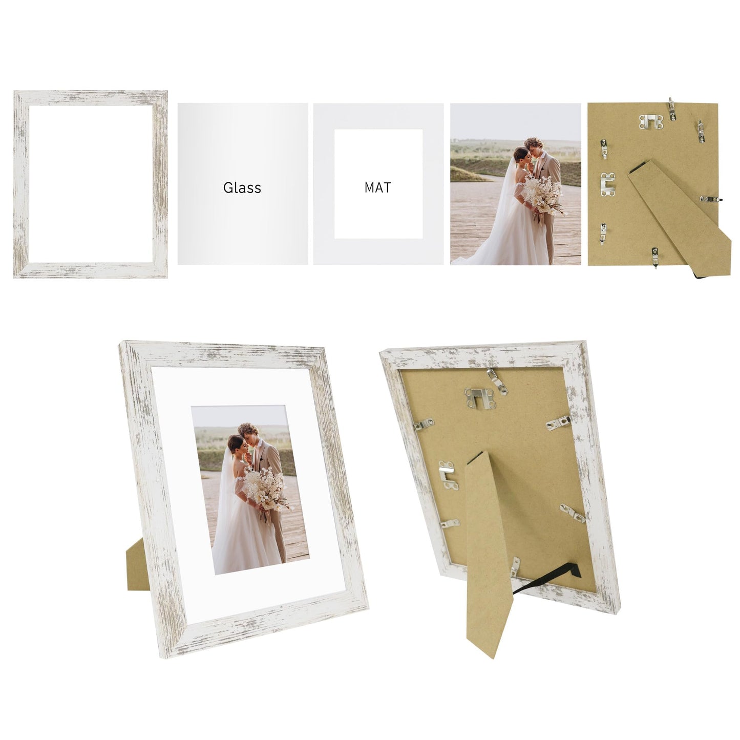 Hongkee 8x10 Picture Frame Set of 4, Made of Real Glass and Distressed White Wooden Frame, 8 by 10 Photo for Wall or Tabletop - Display Picture 5x7 with Mat or 8x10 Without Mat