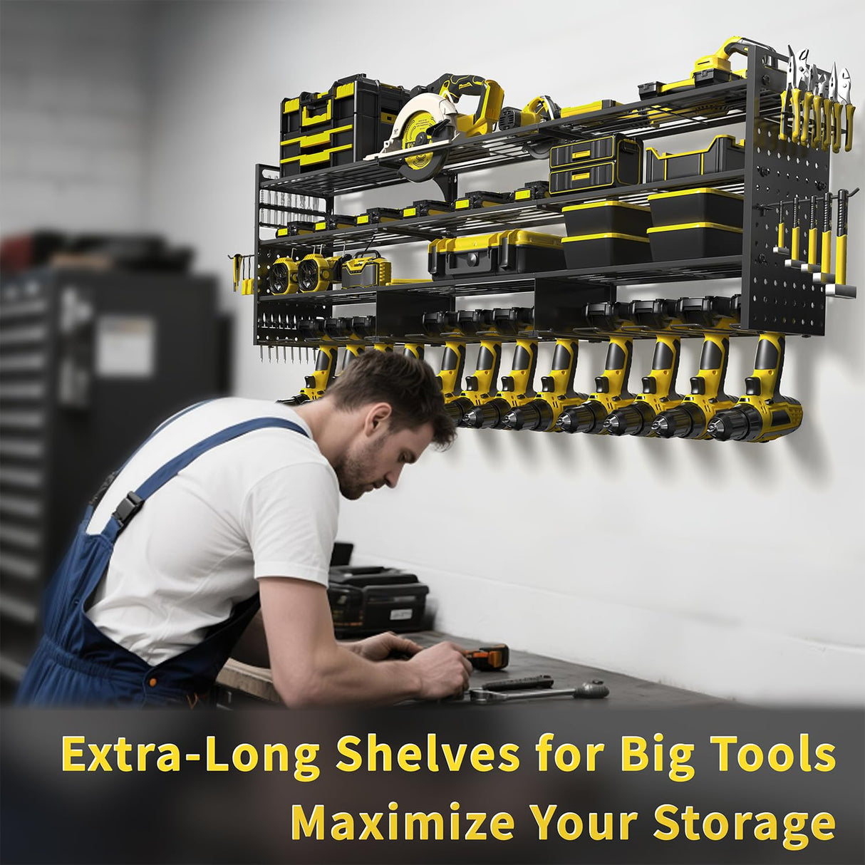 Frizoky 52'' Heavy Duty Power Tool Organizer Rack | 660lbs Capacity 4-Tier Wall Mount Garage Storage Shelf | Adjustable Pegboard Tool Storage for Workshop, Garage, and DIY Enthusiasts Frizoky