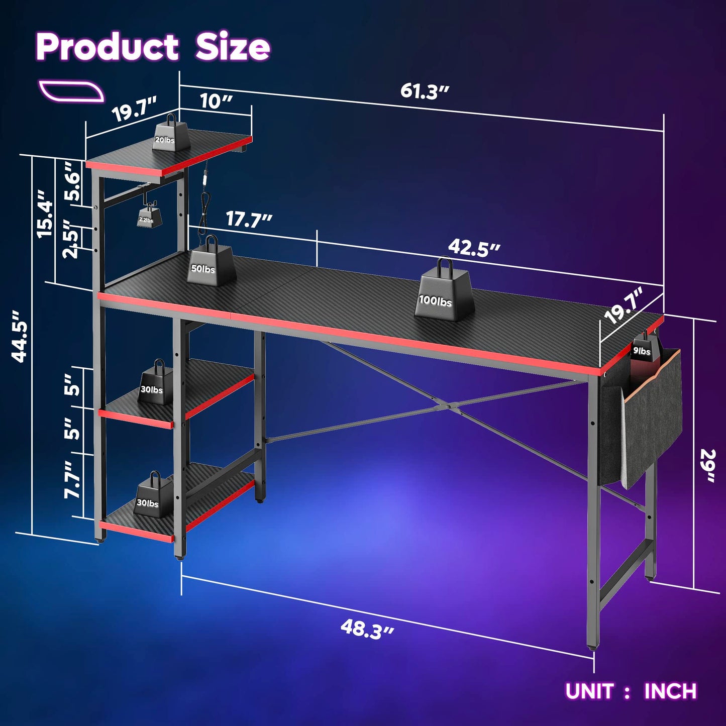 Bestier 61 Inch Gaming Desk with LED Lights, Reversible Shelves, Height Adjustable Shelf, Steel Frame, CARB P2 Class Board, Black Grained