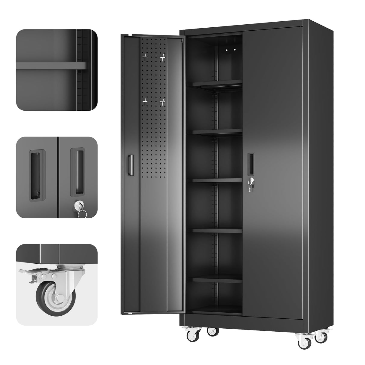 Aobabo 71" H×32" W×16" D Metal Storage Cabinet with Wheels, Garage Steel Storage Cabinet with 5 Adjustable Shelves and 4 Hooks for Home Office, Kitchen, Assembly Required, Black Aobabo