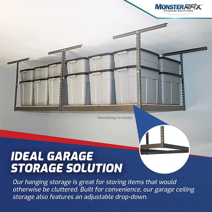 MonsterRax 4x8 Overhead Garage Storage Rack Frame Kit - Hanging Storage Shelves, Garage Ceiling Storage Rack System, Overhead Garage Organizers And Storage, Ceiling Shelving - (Hammertone, 12"-21")