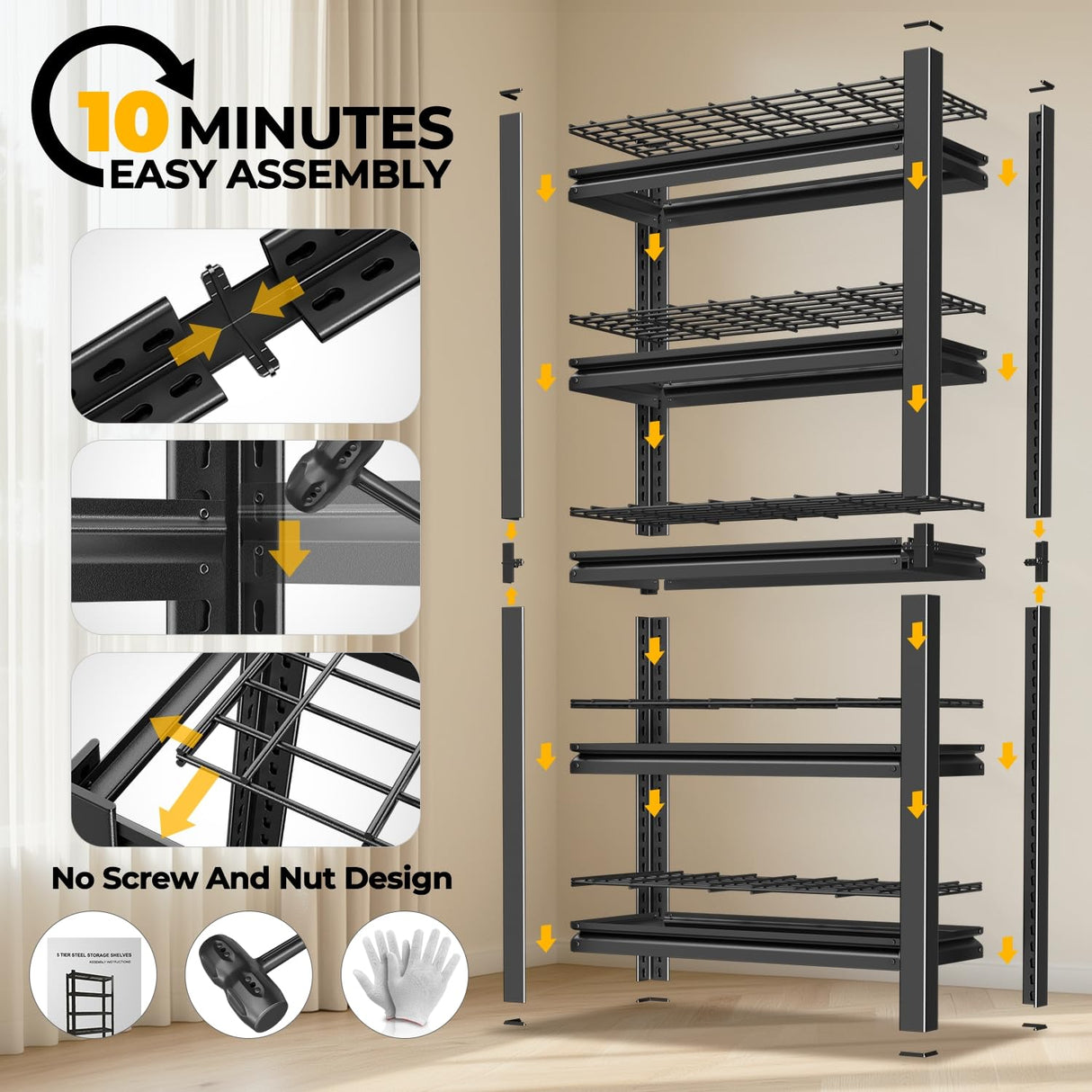Auto Dynasty 5-Tier Storage Shelves, 72" H Heavy Duty(3000LBS Capacity) Adjustable Garage Shelving, Metal Storage Utility Rack Shelf Unit for Pantry Kitchen Warehouse, 72" H x 35" W x 16" D, Black Auto Dynasty