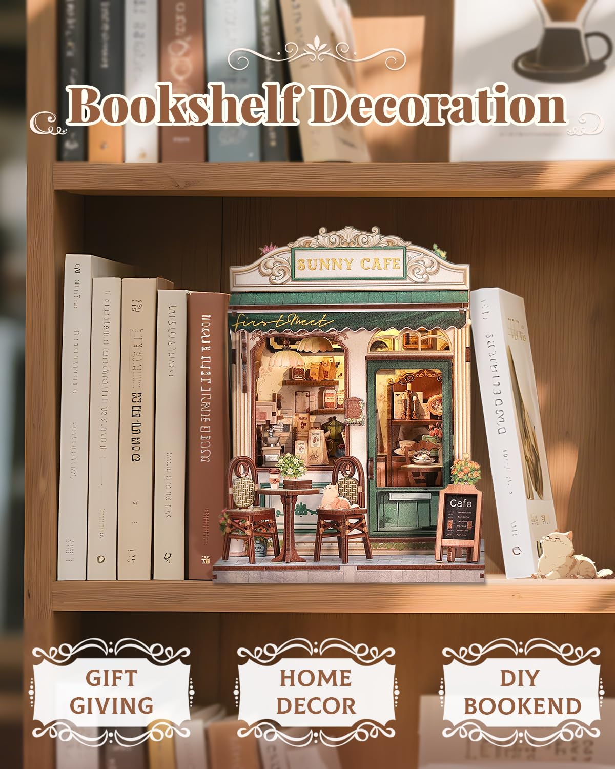 CUTEBEE Book Nook Kit - DIY Miniature House Dollhouse Kit for Adult and Teens, Booknook Bookshelf Decor Alley Model Build with LED Light, Gifts for Family and Friends (Sunny Cafe) CUTEBEE