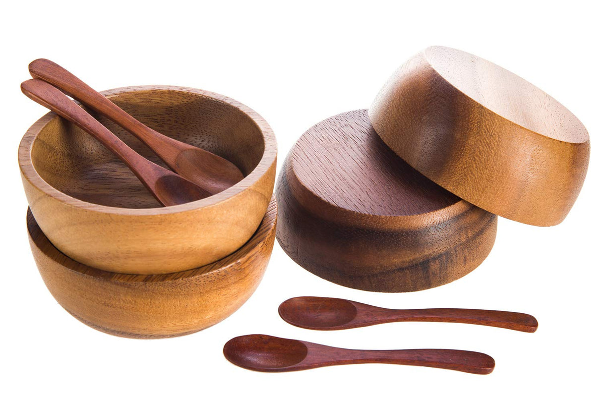 BestySuperStore Small Round Wood Bowls 4 Pcs 3¾" Diameter 1½" High Stackable Acacia Wooden Bowl Set with 4 spoons for serving salad salsa dip sauce snack cereal fruit Decor Tableware Side Dish Sets BestySuperStore