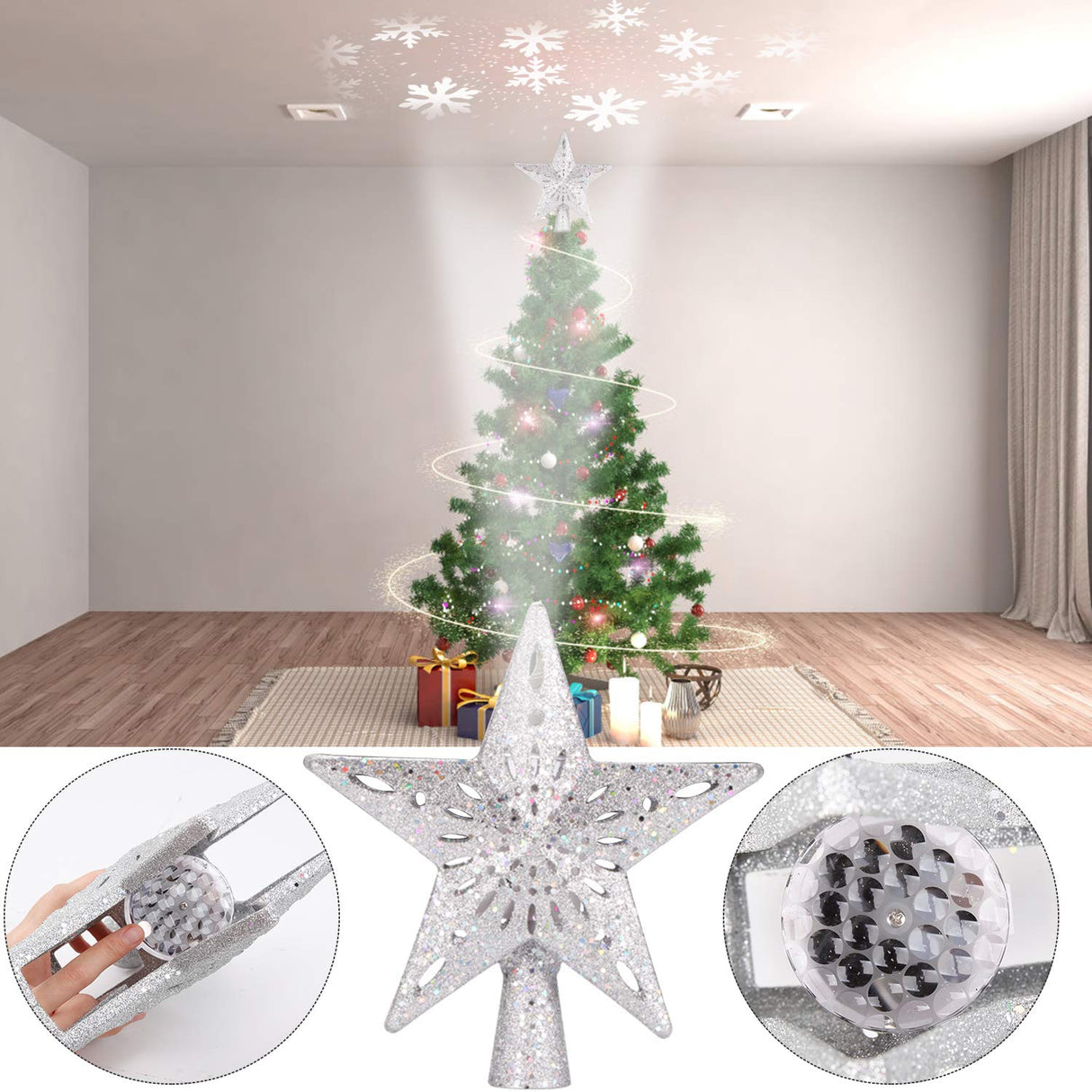 DG-Direct Christmas Tree Topper Lighted Star [Silver],3D Hollow Sparkling Star Christmas Tree Topper with Rotating Magic Cool White Snowflake Projector for Christmas Tree Ornament (Silver) DG-Direct