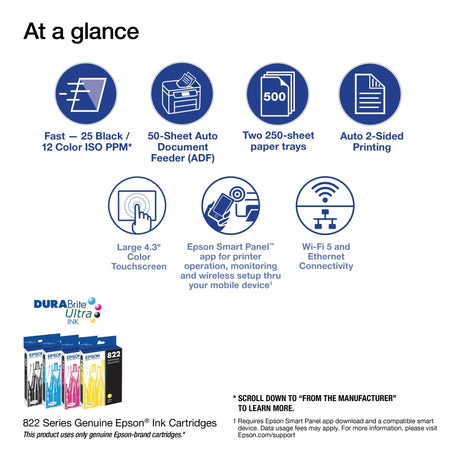 Epson Workforce Pro WF-4830 Wireless All-in-One Printer with Auto 2-Sided Print, Copy, Scan and Fax, 50-Page ADF, 500-sheet Paper Capacity, and 4.3" Color Touchscreen, Works with Alexa, Black, Large Epson