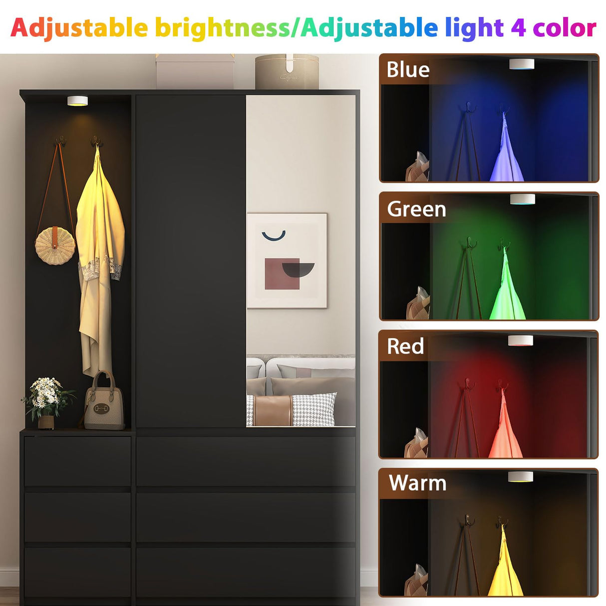 Modern Wardrobe Closet with Mirror & Integrated LED Light, 6 Drawers & Ample Hanging Storage, Multi-Functional Armoire for Bedroom-Black Rumiiro