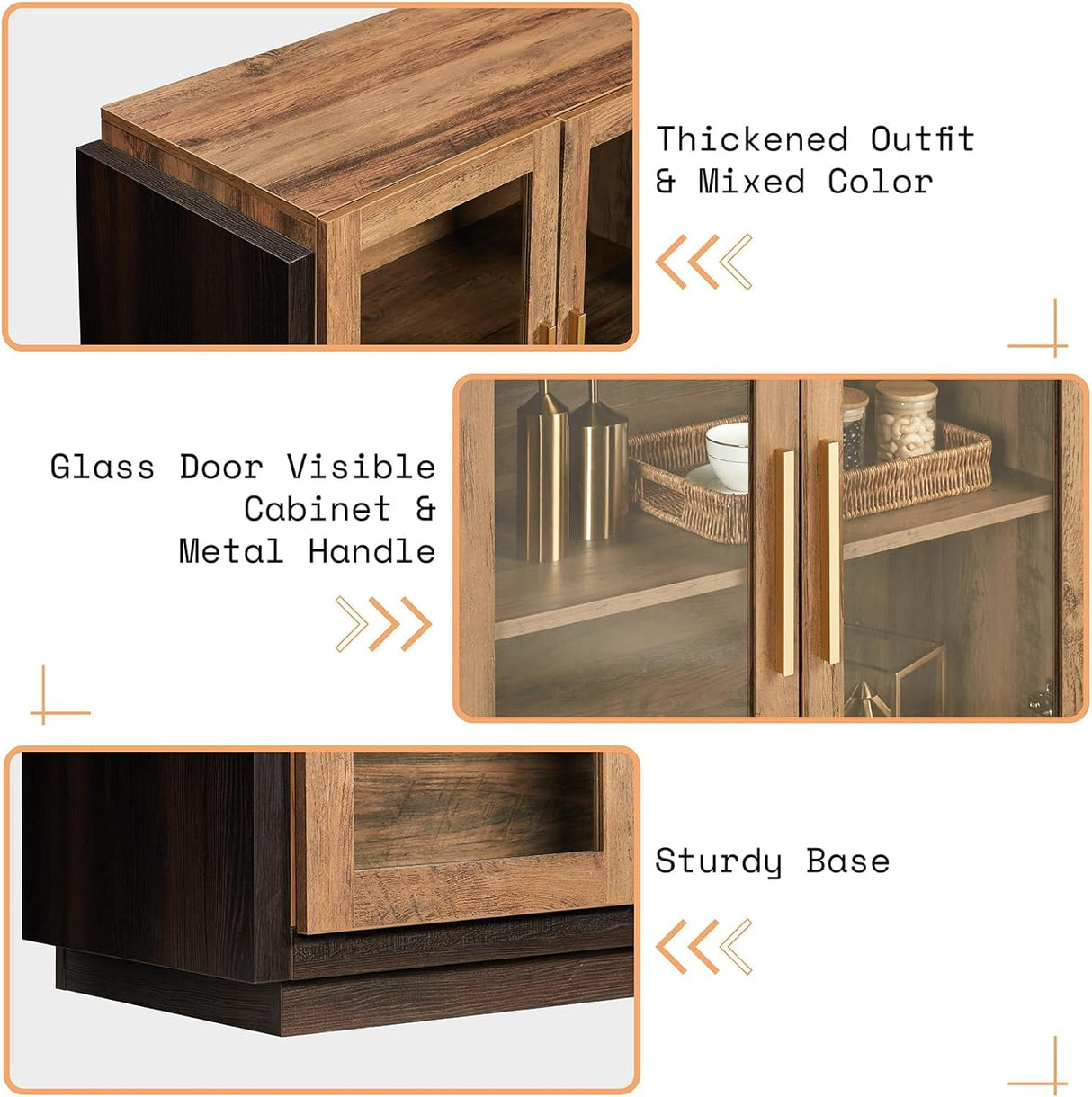 AMERLIFE Sideboard Buffet Cabinet, Mixed Color Accent Cabinet with LED Lights, Modern Glass Doors Storage Cabinet with Adjustable Shelf, Console Table for Dining, Living Room, Barnwood&Brown AMERLIFE