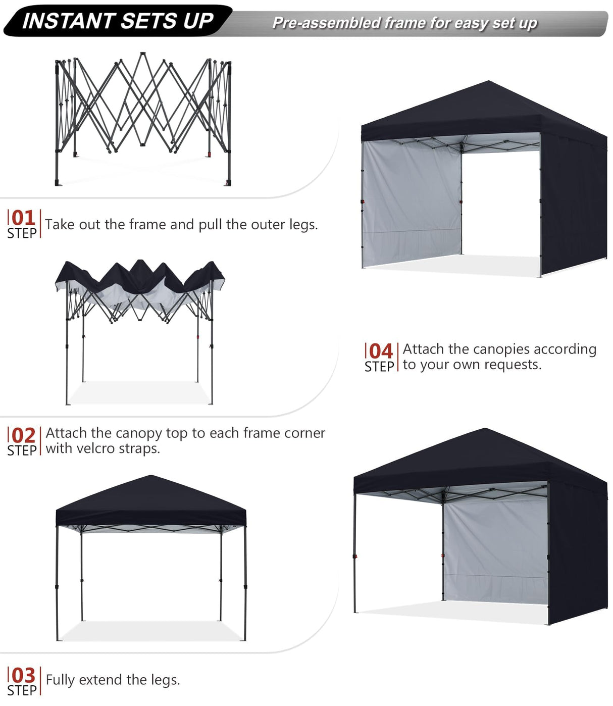 ABCCANOPY Easy Pop up Canopy Tent with 2 Sidewalls for Outdoor Sun Blocking or Rain Protection,10x10, Black ABCCANOPY