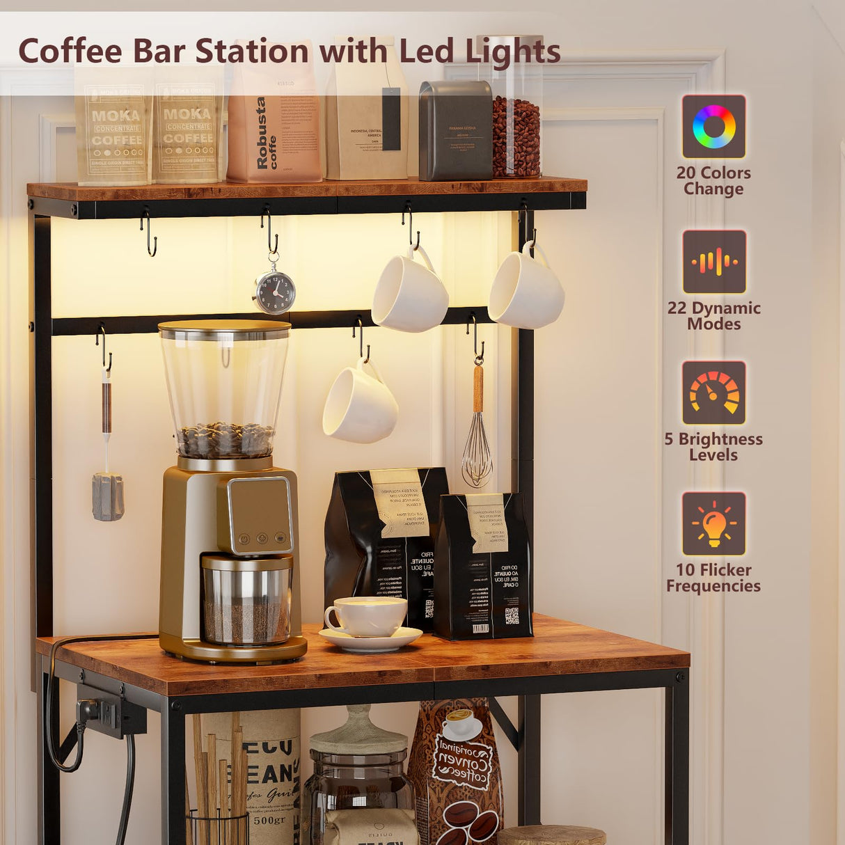 Kitchen Bakers Rack with Power Outlet & LED Lights, Small Coffee Bar Table with Adjustable Storage Shelf, 4 Tiers Microwave Stand with 8 Hooks, Coffee Station for Appliance Organizer, Rustic Brown Korfile