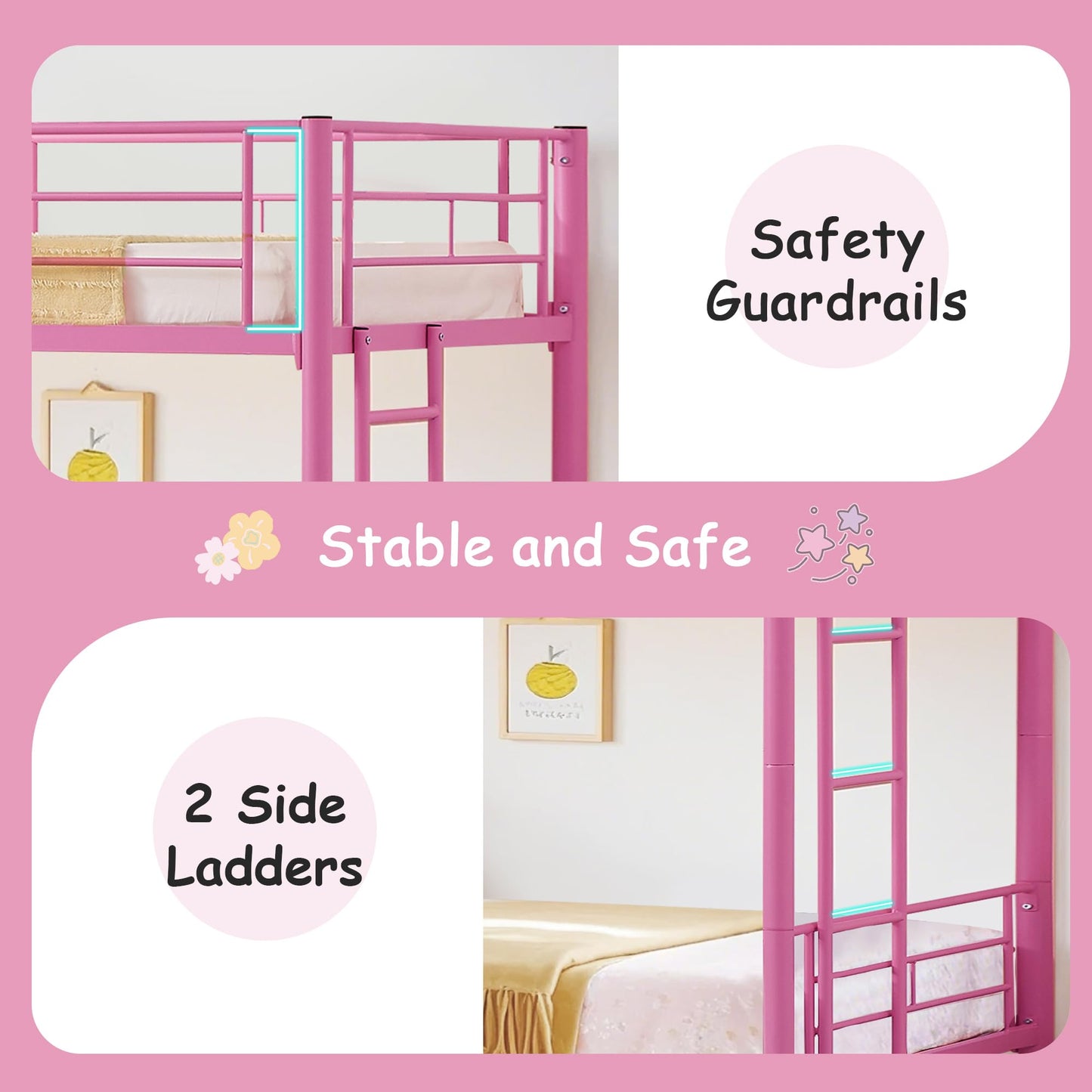 VECELO Twin Over Twin Bunk Bed with Trundle, Convertible Metal Bunkbeds with 2 Ladders and Guardrails, Space Saving, No Box Spring, Pink