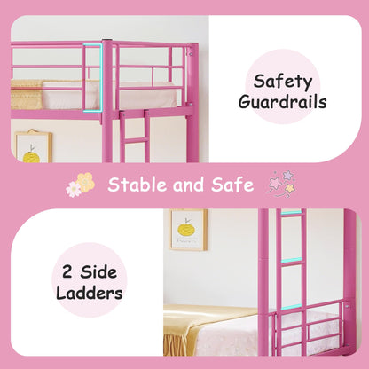 VECELO Twin Over Twin Bunk Bed with Trundle, Convertible Metal Bunkbeds with 2 Ladders and Guardrails, Space Saving, No Box Spring, Pink