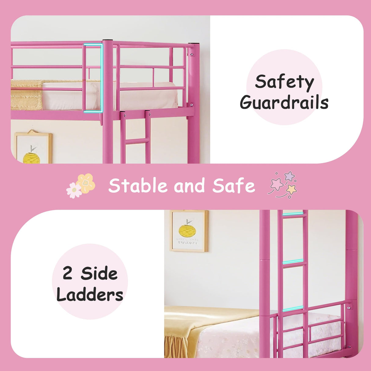 VECELO Twin Over Twin Bunk Bed with Built-in Ladder and Safety Guardrail, Heavy Duty Metal Bunkbeds, Space Saving, No Box Spring, Pink VECELO