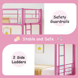 VECELO Twin Over Twin Bunk Bed with Built-in Ladder and Safety Guardrail, Heavy Duty Metal Bunkbeds, Space Saving, No Box Spring, Pink VECELO