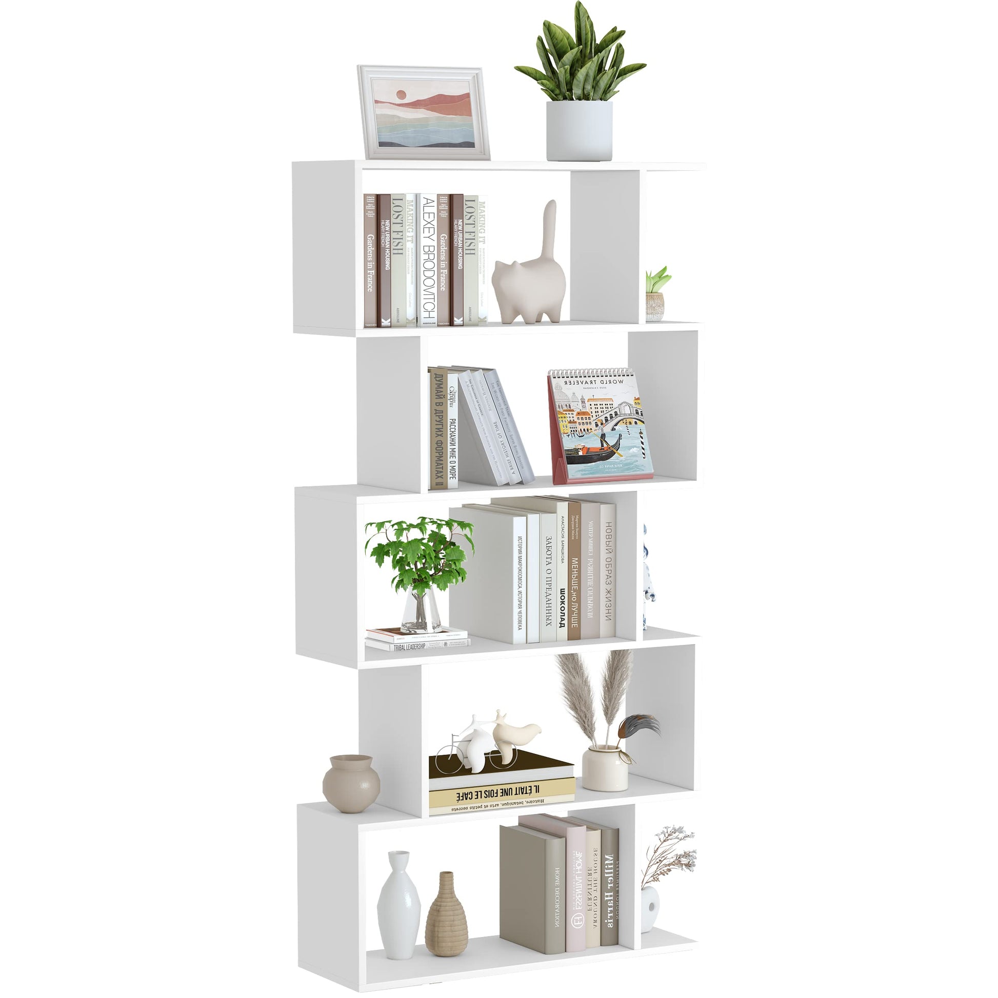 Yusong Modern 5-Tier Geometric Bookcase in White - Stylish S-Shaped Bookshelf for Home & Office - WoodArtSupply