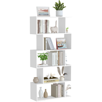 Yusong Modern 5-Tier Geometric Bookcase in White - Stylish S-Shaped Bookshelf for Home & Office