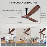 Solid Wood Ceiling Fans Without Light, 60 Inch Real Wood Ceiling Fan with Remote Control and 3 blade, Natural Wood Ceiling Fan Waterproof, Indoor Outdoor Ceiling Fans for Patio, Bedroom, Living room EOPETY