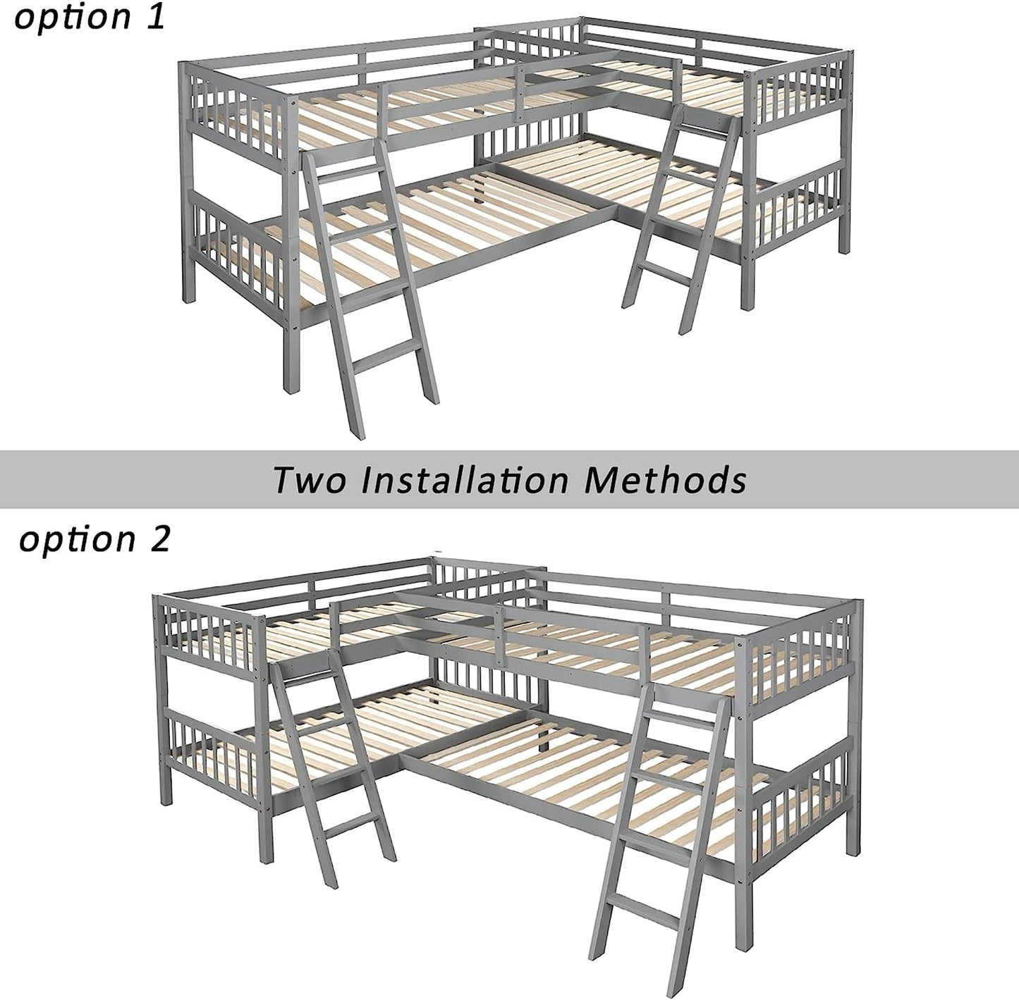 MERITLINE L-Shaped Quad Bunk Bed, Four Bunk Bed Twin Over Twin with Angle Ladder,Wooden Corner 4 Bed Bunk Bed for Kids, Teens, Adults, No Box Spring Needed (Twin, Grey)