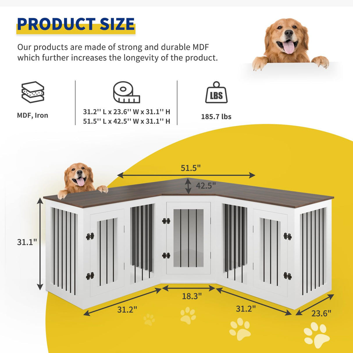 Large Dog Crate Furniture for 3 Dogs, 113'' Corner Dog Crate with Divider, 3 in 1 Heavy Duty Indoor Wooden Dog Kennel Furniture for Small Medium Large Dogs, White DEYGIA
