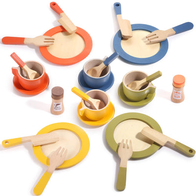 GAGAKU Wooden Dish Set for Kids,Play Dishes for Kids Kitchen, Wood Plates Set for Toddler, Montessori Wooden Kitchen Toys Accessories