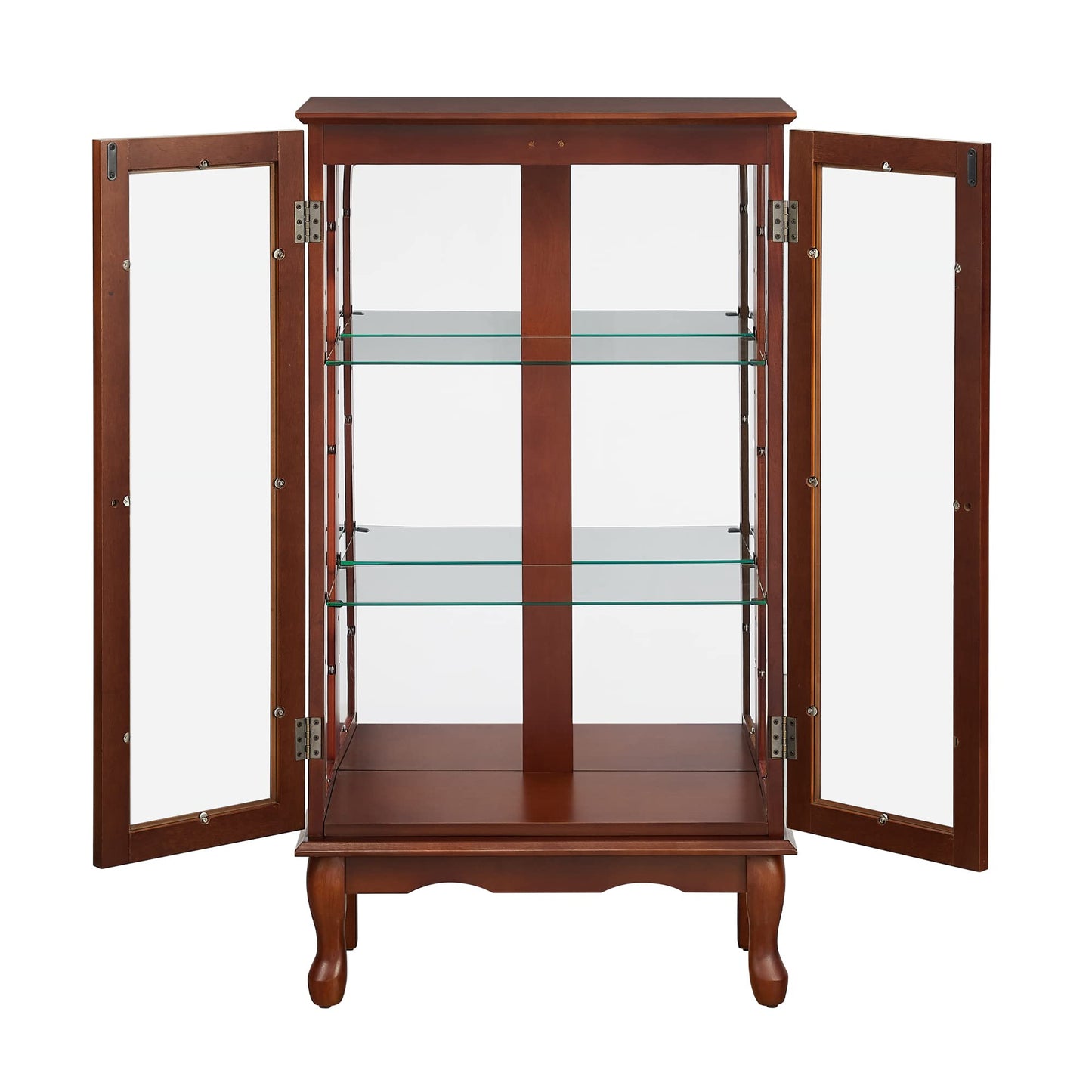 LOPOO Wooden Lighted Curio Display Storage Cabinet with 3-Tier Adjustable Shelves, Mirrored Back Panel, Tempered Glass Doors, Magnetic Door Closures, Floor Mount, Classic Style, Walnut - WoodArtSupply