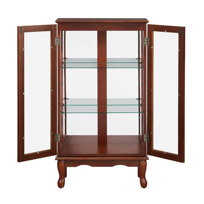 LOPOO Wooden Lighted Curio Display Storage Cabinet with 3-Tier Adjustable Shelves, Mirrored Back Panel, Tempered Glass Doors, Magnetic Door Closures, Floor Mount, Classic Style, Walnut - WoodArtSupply