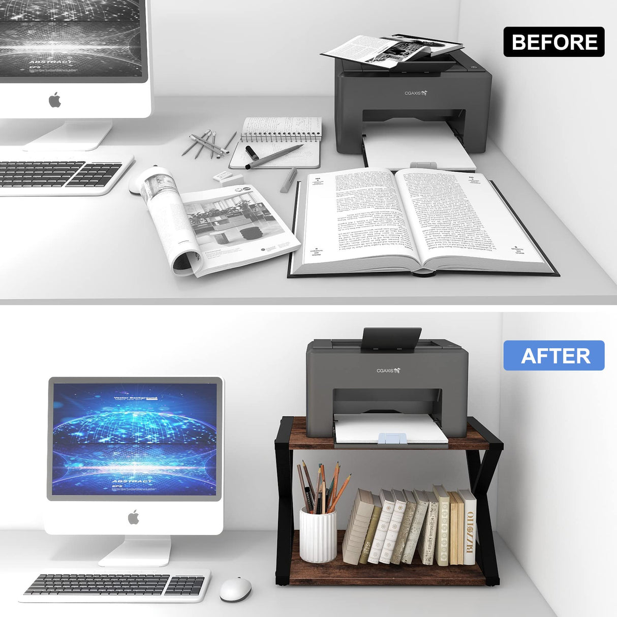 CALASK Desktop Printer Stand with Storage 2-Tier Wood Under Desk Printer Table, Multi-Purpose Printer Shelf for Home Office Organizer Storing Heavy Duty Fax Machine, Scanner, Rustic Brown CALASK