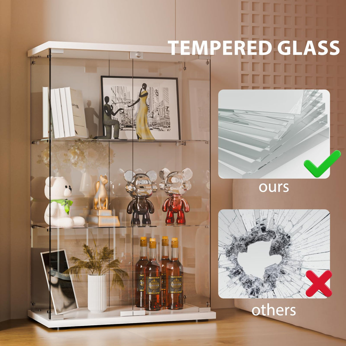 FANYUSHOW Glass Display Cabinet with Double Door and Lock, Quick-Install Style 3-Shelf Curio Cabinet 5mm Tempered Glass Floor Standing Bookshelf for Living Room, Bedroom, 49" H x 32''L x 14''W (White) FANYUSHOW