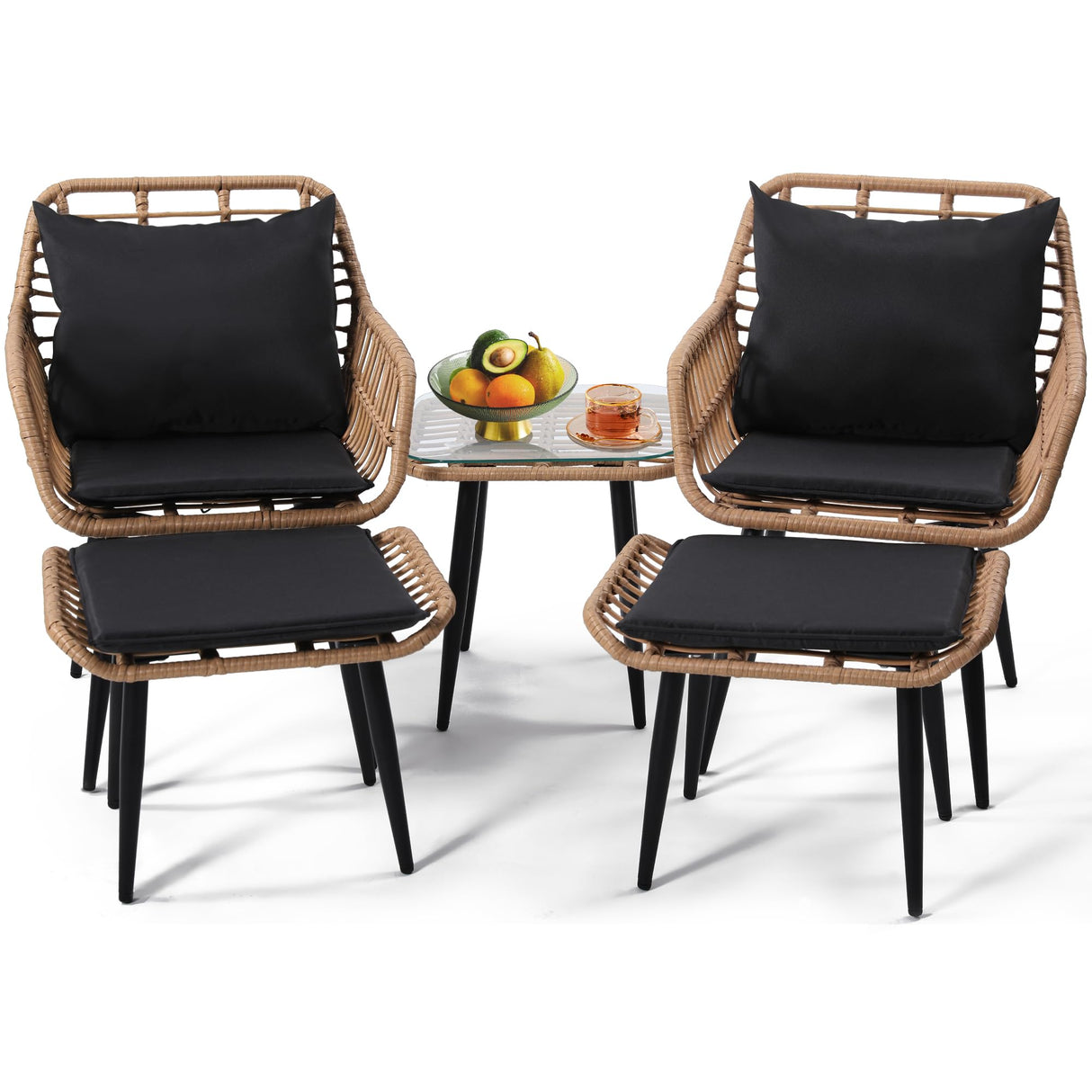 KROFEM Outdoor Wicker Chairs and Table Bistro Conversation Furniture Set, 5 Pieces with Ottoman for Porch, Balcony, Deck, Patio, Backyard, Natural Color KROFEM
