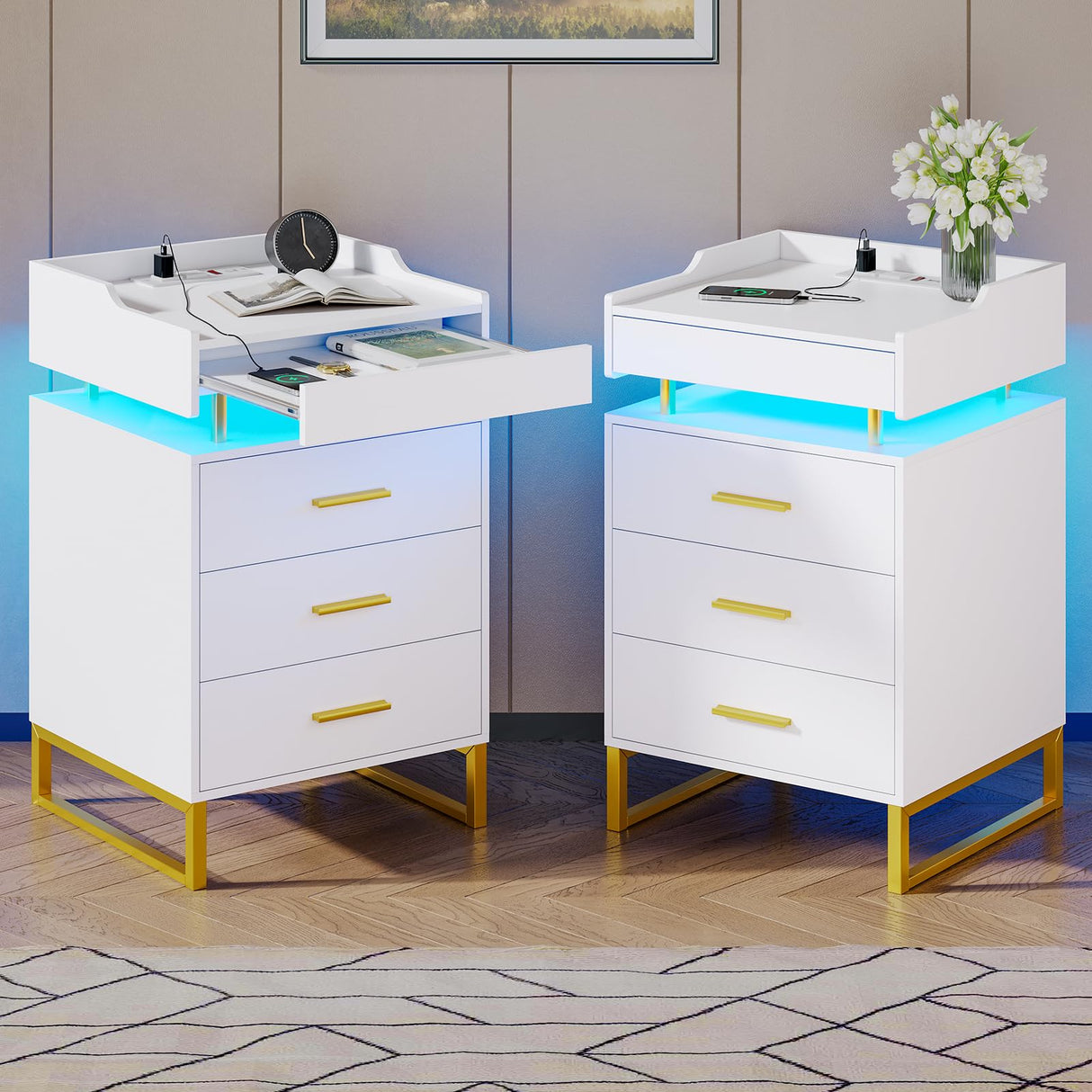 BTHFST LED Nightstand Set of 2 with Charging Station, Large Night Stand with 3 Drawers and 1 Pull-Out Tray, Modern Bedside Table with LED Lights, End Side Table with Storage, White and Gold BTHFST