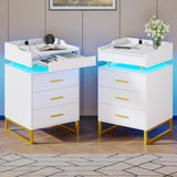 BTHFST LED Nightstand Set of 2 with Charging Station, Large Night Stand with 3 Drawers and 1 Pull-Out Tray, Modern Bedside Table with LED Lights, End Side Table with Storage, White and Gold BTHFST