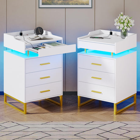 BTHFST LED Nightstand Set of 2 with Charging Station, Large Night Stand with 3 Drawers and 1 Pull-Out Tray, Modern Bedside Table with LED Lights, End Side Table with Storage, White and Gold BTHFST
