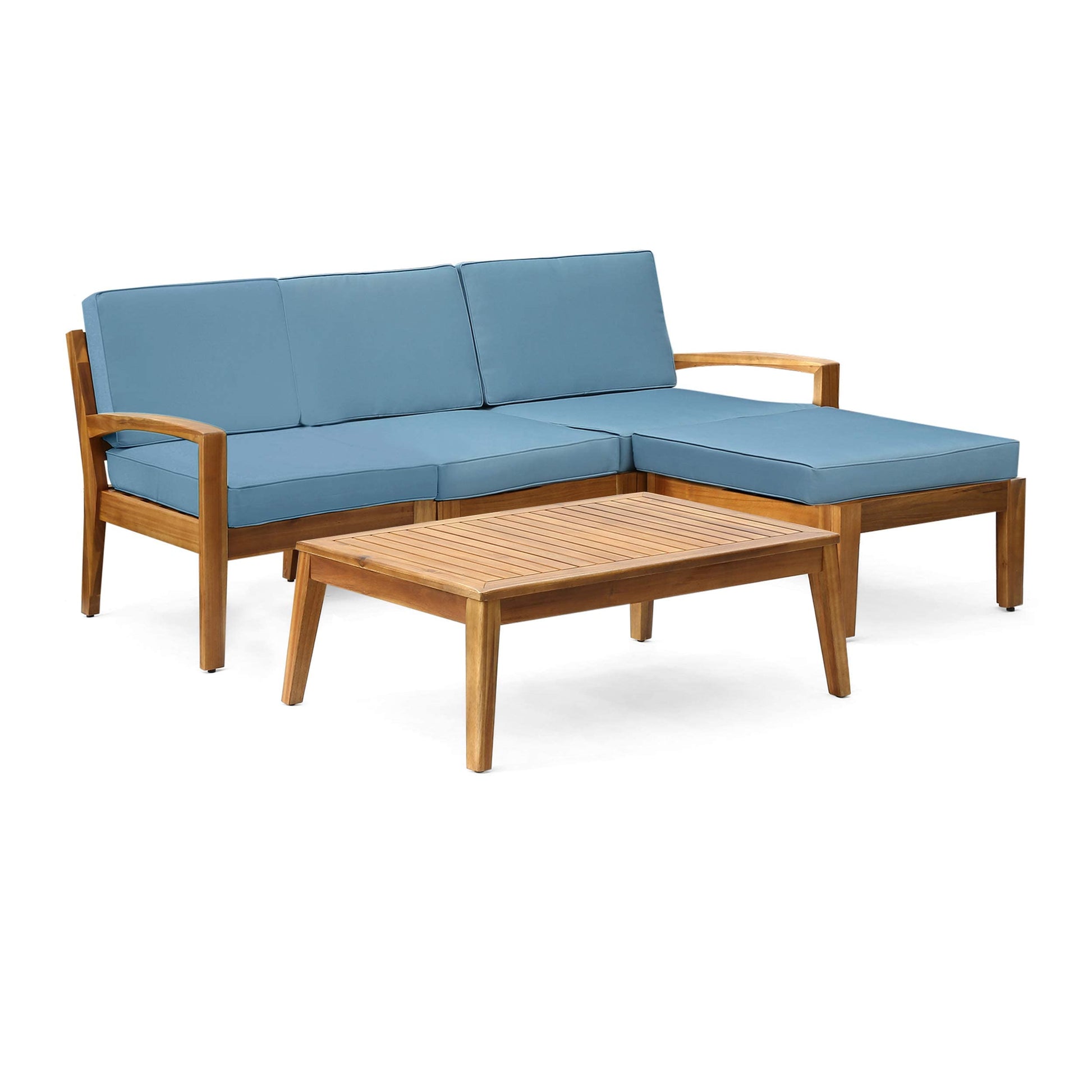 Christopher Knight Home Grenada Sectional Sofa Set | 5-Piece 3-Seater | Includes Coffee Table and Ottoman | Acacia Wood Frame | Water-Resistant Cushions | Teak and Blue, Finish - WoodArtSupply